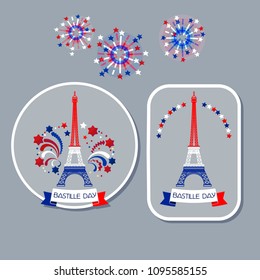 Vector set of Bastille day badges. Silhouette of Eiffel tower and Bastille day fireworks in colors of French flag. Collection of 14 july Bastille day logo.