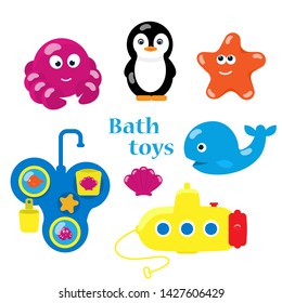 Vector set of bath toys: crab, penguin, starfish, whale, water mill, submarine, sea scallop. Flat cartoon.