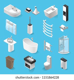 Vector set of bathroom elements isolated from background. Isometric collection of bathroom icons. Modern realistic design illustrations of sink, bidet, mirror, shower cabin, closet, toilet, soap dish