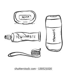 Vector set of bathroom equipment. there are toothbrush, toothpaste, soap and shampoo, sketching image.