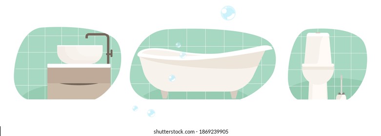 Vector set of bathroom furniture. Bath, washbasin, shower, toilet. Flat interior design home icons