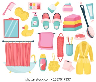 Vector Set of Bathroom,Shower. Accessories and Cosmetics for Hygiene. Skin, Hair and Body Care. Hand Drawn Objects for Washing in Cartoon Style.Isolated on white background. 