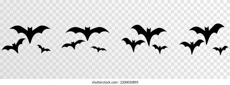 Vector set of bats on an isolated transparent background. Silhouette of bats PNG. Halloween bats PNG. Black bats.