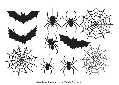 Vector Set of bats, spiders, and cobwebs. traditional Halloween decorative elements, featuring black spider and web silhouettes for design decor