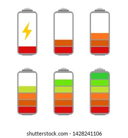 Vector set of batteries in charging mode. phone batteries in a charging mode with step by step charging colors indication