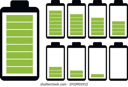 Vektorgrafik mit Batteriesatz. flache Illustration von Batterien. Abstufung von Altbatterien. maximale Akkukapazität und Minimum. Batterien mit unterschiedlichem Verwendungsgrad
