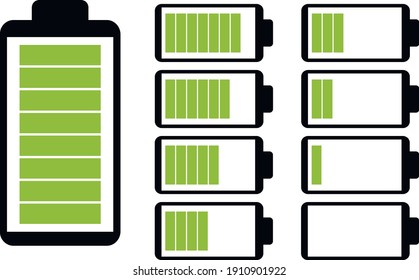 vector with set of batteries. flat illustration of batteries. gradation of used batteries. maximum battery capacity and minimum. batteries with different levels of use