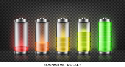 Vector set of battery charge indicators with low and high energy levels isolated on background. Full charged and discharged accumulators with colorful glow. Icons for gadget interfaces, mobile apps