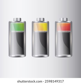 Vector set of battery charge indicators with low and high energy levels isolated on background
