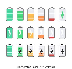 Vector set of battery icons. Charge battery level. Color battery icons.
