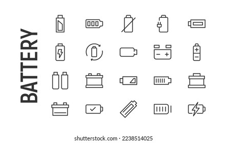 Vector set of battery thin line icons. Design of 20 stroke pictograms. Signs of battery isolated on a white background.