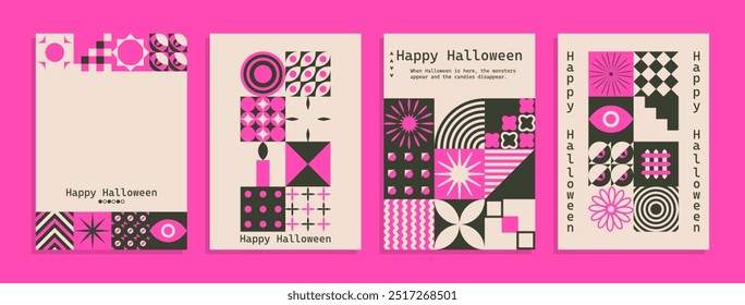 Vector set of Bauhaus Inspired Halloween posters. Geometric minimalist modern brutalist bold shapes and primitive swiss blocks style. Trendy groovy hippie retro Y2k aesthetic.