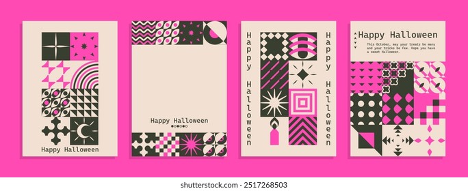 Vector set of Bauhaus Inspired Halloween posters. Geometric minimalist modern brutalist bold shapes and primitive swiss blocks style. Trendy groovy hippie retro Y2k aesthetic.