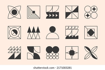 Vector set of bauhaus linear emblems or symbols.Modern brutalist objects and elements in trendy swiss minimal style.Abstract bold geometric shapes for branding design,badges,stickers,logo templates.