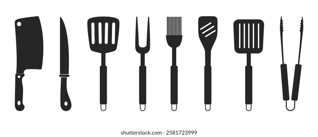 Vector set of BBQ and grill icons. Barbecue utensils: spatula, fork, tongs, and knife. Vector illustration.