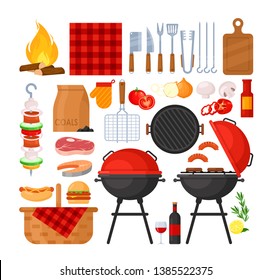 Vector set of BBQ party, barbecue, grill, picnic. Grilled vegetables, meat, steak and sausage in flat cartoon style. Collection of barbecue tools, food, wine, fire for cafe, bar and restaurant menu.