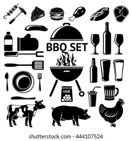 Vector set for BBQ party. Grill, drinks, instruments, meat types etc.