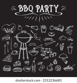 Vector Set of BBQ Party Icons, Barbecue Symbols Collection, Various meals, drinks, food ingredients and decoration elements.