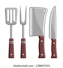 Vector Set of BBQ Tools, collection of 4 cut out illustrations - barbeque spatula, sharp fork, chef cleaver and stainless knife on white background.