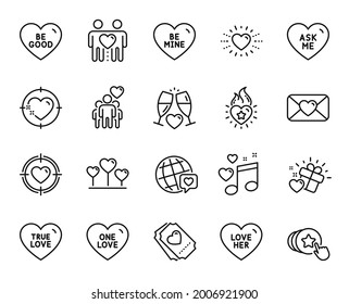Vector set of Be mine, Love heart and Wedding glasses line icons set. Love gift, Heart flame and Be good icons. Valentine, Valentine target and Friends couple signs. Be mine web symbol. Vector