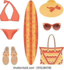 vector set of beach accessories from surfboard, swimsuit, sunglasses, sandals, beach bag, hat with brim