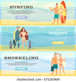 Vector set of beach activities horizontal banners. Surfing, Diving and Snorkeling concept flat style design elements.