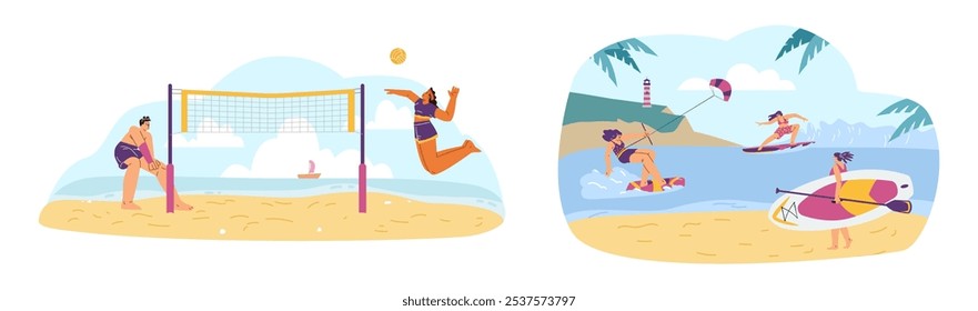 Vector conjunto de actividades de playa con hombres y mujeres jugando voleibol, montar a bordo, surf, kitesurf. Relajarse junto al mar y disfrutar del sol.