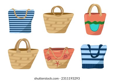 Vector set of beach bags. Color image of summer handbags made of jute, raffia and fabric. The concept of a summer holiday on the beach