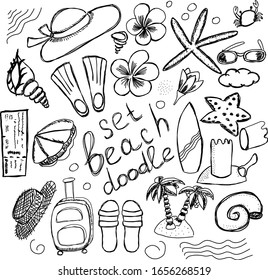 Vector set of beach doodle elements. Hand draw objects on marine, travel and summer theme. Black and white palm, sunglasses, shell, surfboard, sun hat, starfish, flower, frangipani, cloud icons.