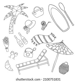 Vector set with beach elements: palm, bag, hat, cocktail, sup, paddle, flower, bottles, towel, camera, glasses, umbrella, lounger, croissant, basket. Graphic isolated illustrations for your design
