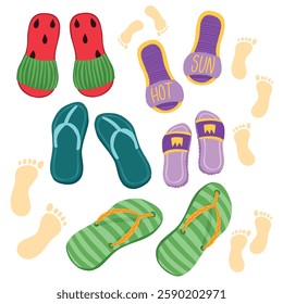 Vector set of beach footwear for the whole family, bright and colorful illustration in cartoon style