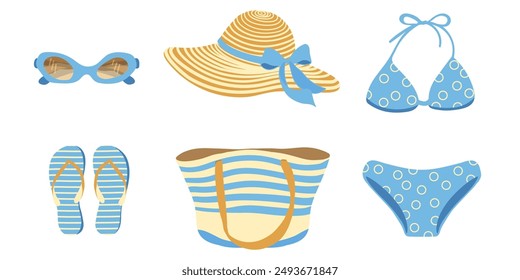 Vector set of beach holiday accessories, women's illustrations of straw hat, swimsuit, sunglasses, flip-flops, bag in flat style