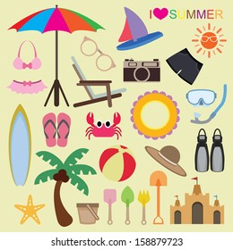 Vector set of beach icons on isolated background