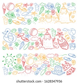 Vector set of beach icons for summer posters, banners. Sea, ocean vacations. Kids drawing style.