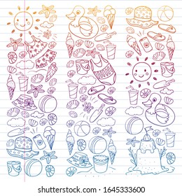 Vector set of beach icons for summer posters, banners. Sea, ocean vacations. Kids drawing style.