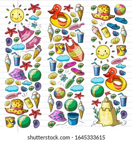 Vektorillustration Set von Strandsymbolen für Sommerplakate, Banner. Meer-, Ozeanreisen. Kinder zeichnen Stil.