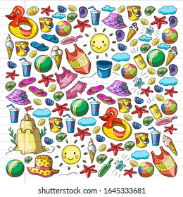Vector set of beach icons for summer posters, banners. Sea, ocean vacations. Kids drawing style.