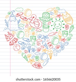 Vector set of beach icons for summer posters, banners. Sea, ocean vacations. Kids drawing style.