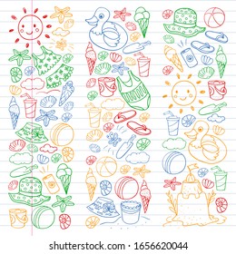 Vector set of beach icons for summer posters, banners. Sea, ocean vacations. Kids drawing style.