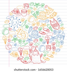 Vector set of beach icons for summer posters, banners. Sea, ocean vacations. Kids drawing style.