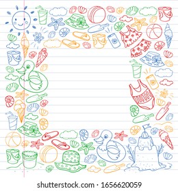 Vector set of beach icons for summer posters, banners. Sea, ocean vacations. Kids drawing style.
