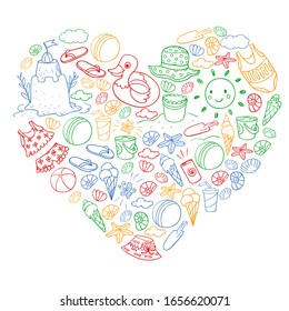 Vector set of beach icons for summer posters, banners. Sea, ocean vacations. Kids drawing style.