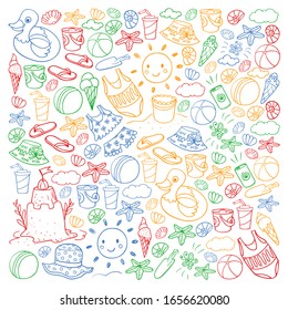 Vector set of beach icons for summer posters, banners. Sea, ocean vacations. Kids drawing style.