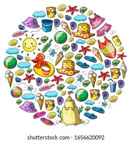 Vector set of beach icons for summer posters, banners. Sea, ocean vacations. Kids drawing style.