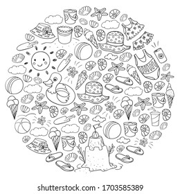 Vector set of beach icons for summer posters, banners. Sea, ocean vacations. Kids drawing style.