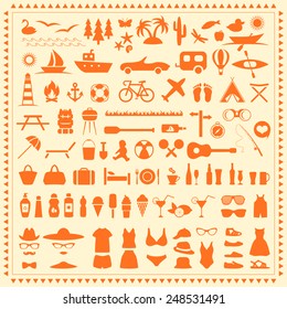 vector set beach icons, summer sea symbol, travel illustration