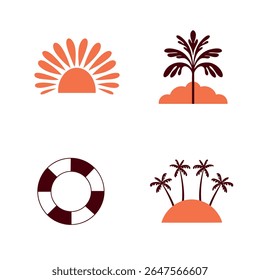 vector set of beach icons summer time, palm, sun, colorful