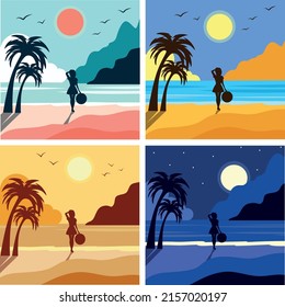Vector set of beach illustrations. Background silhouette of a palm tree and a girl on the ocean. California sunset landscape with exotic plants on the horizon. mountains picturesque sky