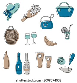 Vector set with beach illustrations: hat, flower, camera, bag, basket, glasses, croissant, cocktail, bottle, sunscreen, shell. Isolated details for your design, icon, stickers, pattern, poster, card