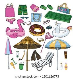 Vector set of beach items. Hand drawn beachwear, accessories and equipment: umbrella, sunglasses, flippers, mask, glasses, swimsuit, sun bed,  flip flops, rubber ring. Color sketch.